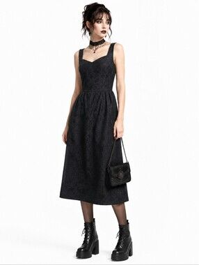 Vintage Lanz Originals Black Brocade Midi Dress Cottagecore Gothic 12